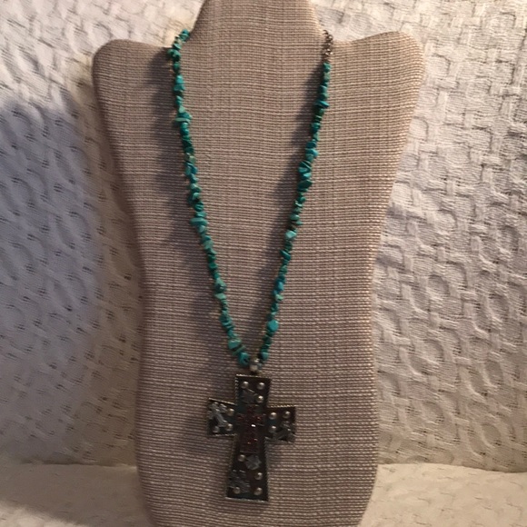 Turquoise and brown western cross necklace - Picture 1 of 1